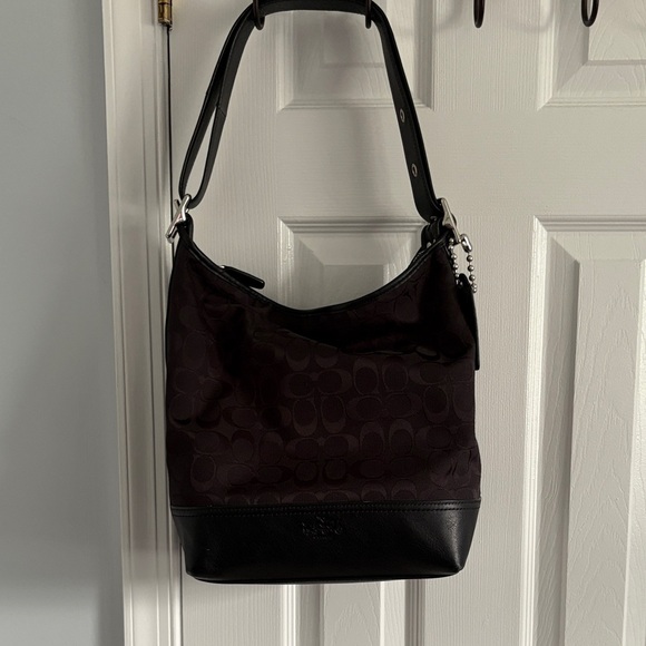 Coach Handbags - Coach Black Logo Fabric & Leather Shoulder Bag Adjustable Strap Zip Pockets